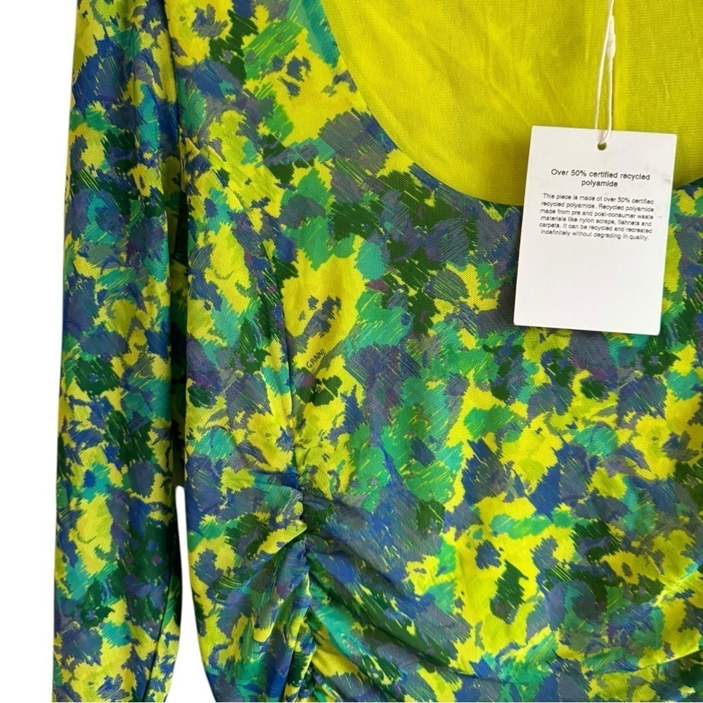 GANNI Ruched‎ floral printed Green 12 stretch-mesh midi dress - Picture 10 of 10